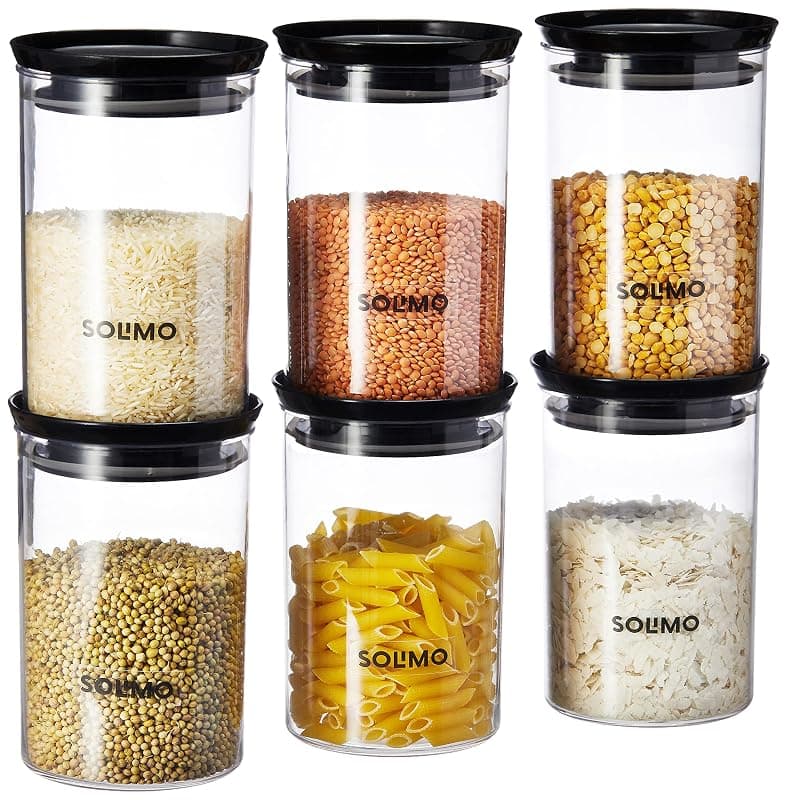 Amazon Brand - Solimo Plastic Storage Jar and Container Set I Air Tight &amp; BPA Free Containers For Kitchen Storage Set I Grocery Kitchen Container Set I Multipurpose Jar, 900 Ml Each, Set 6, Black