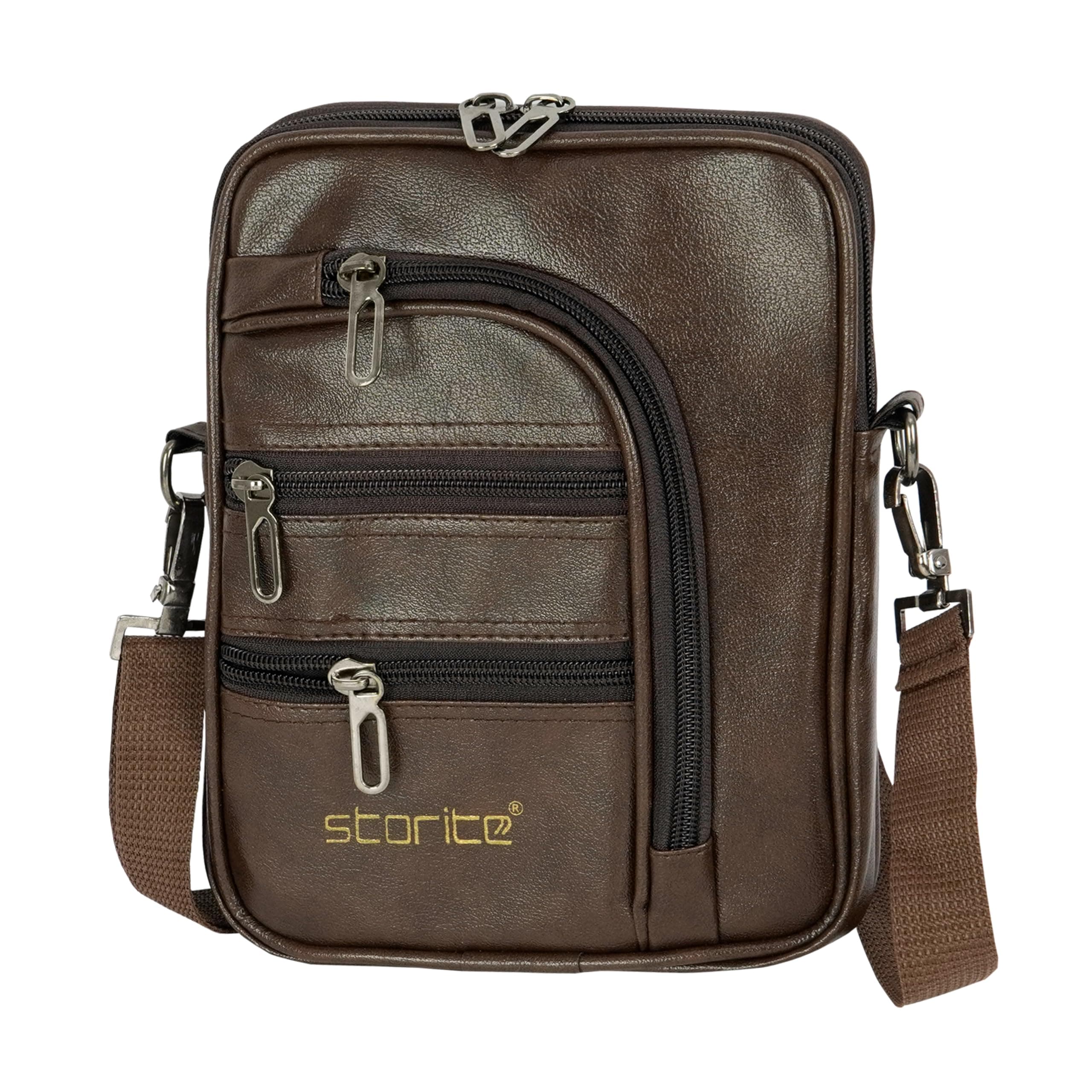 Storite PU Leather Sling Bag for Men | 7 Zipper Multi Pocket Crossbody Bag | Messenger Shoulder Bag for Men | Travel Office Daily Use Side Bag | Brown | 18 x 3.5 x 24 cm
