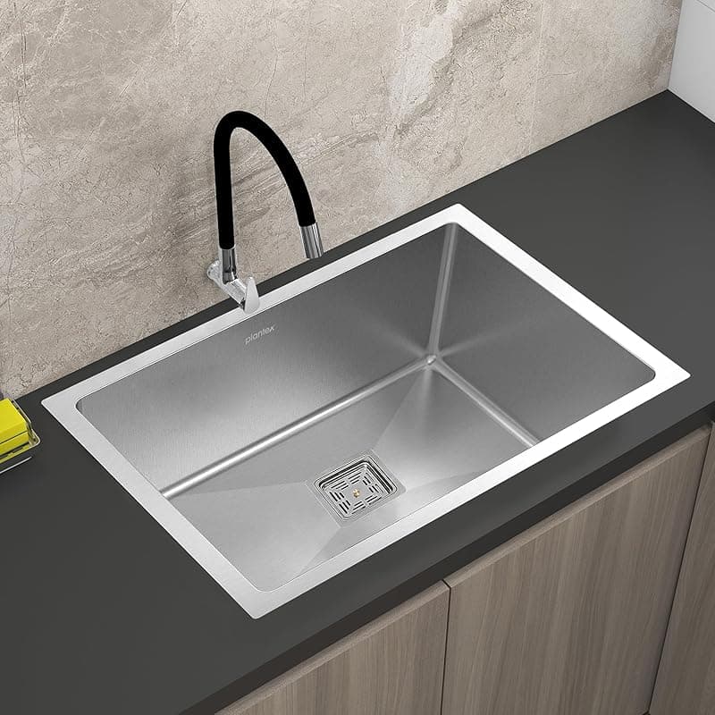 Plantex Premium Stainless Steel Sink for Kitchen/Kitchen Sink With 25 Years Warranty by Plantex/Single Bowl Sink with Square Coupling, Hose Pipes and Drain Rack (Silver Matt - 16x18x9 Inches)