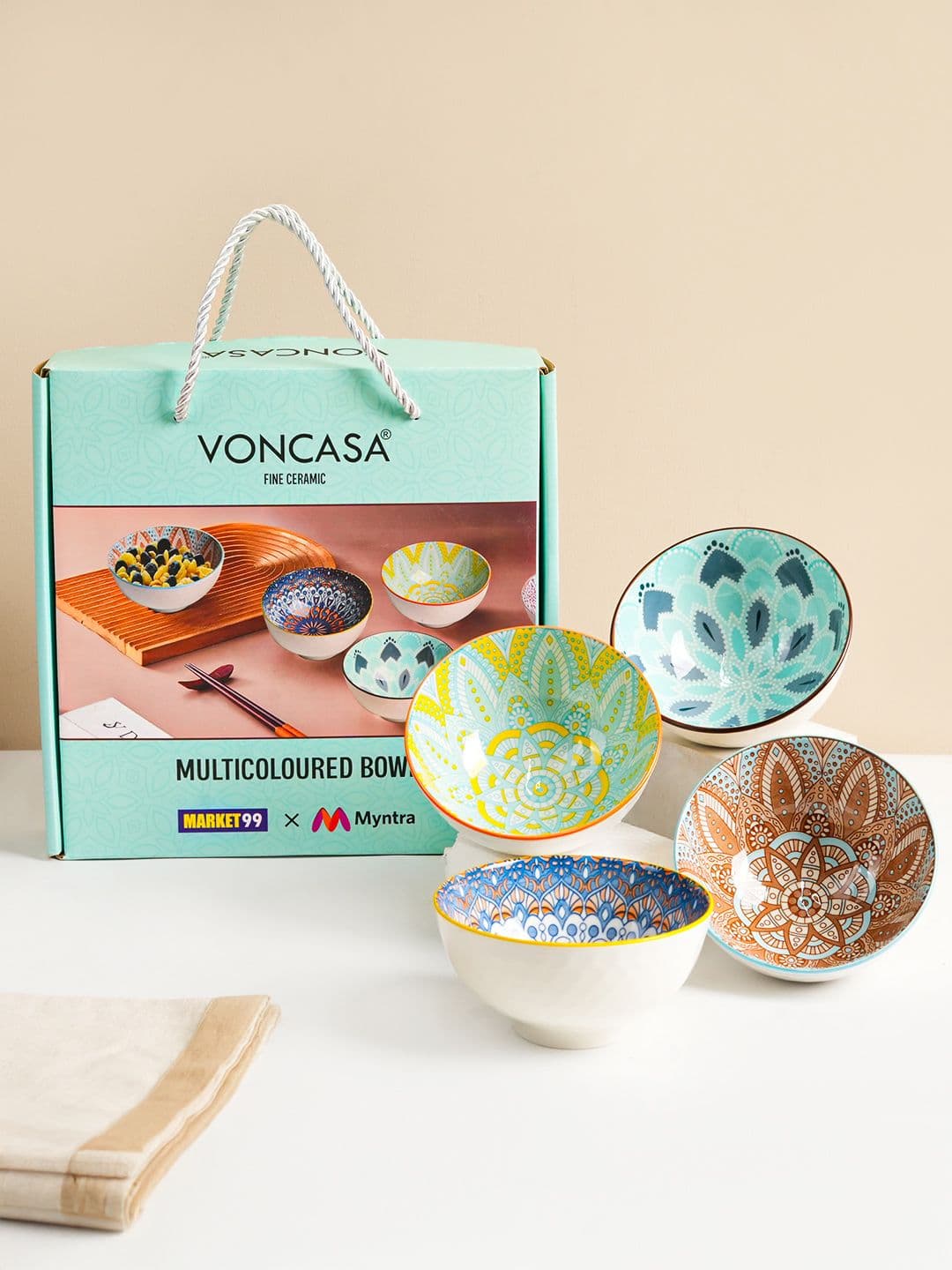 MARKET99 Beige & Blue 4 Pieces Printed Ceramic Round Bowls-300ml Each