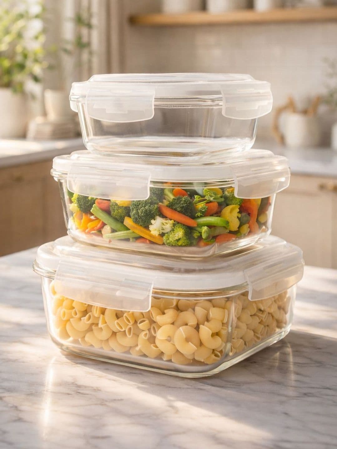 MARKET99 3 Pcs Borosilicate Glass Air Tight Container with Lid 320 ml- 800 ml- 1200 ml