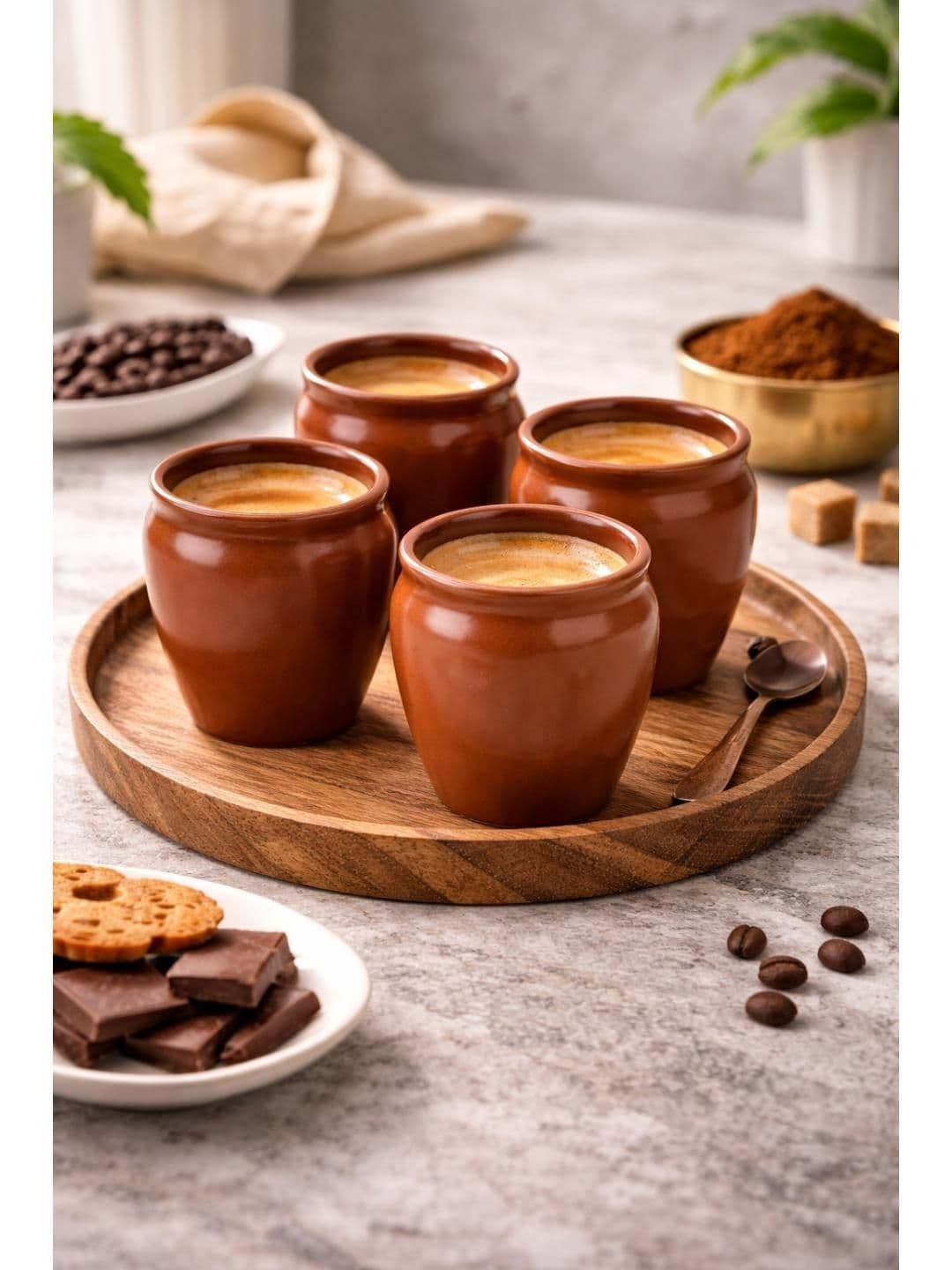 RUHANI HOMES Set of 4 Ceramic Brown Coloured Kullars