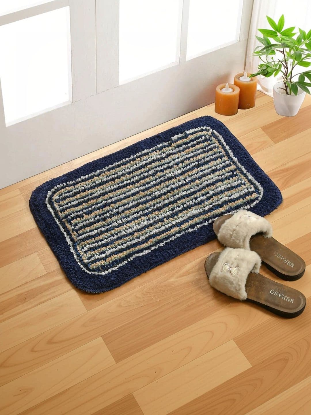FINE TEX WORLD Blue & Black Striped Anti Skid Doormats