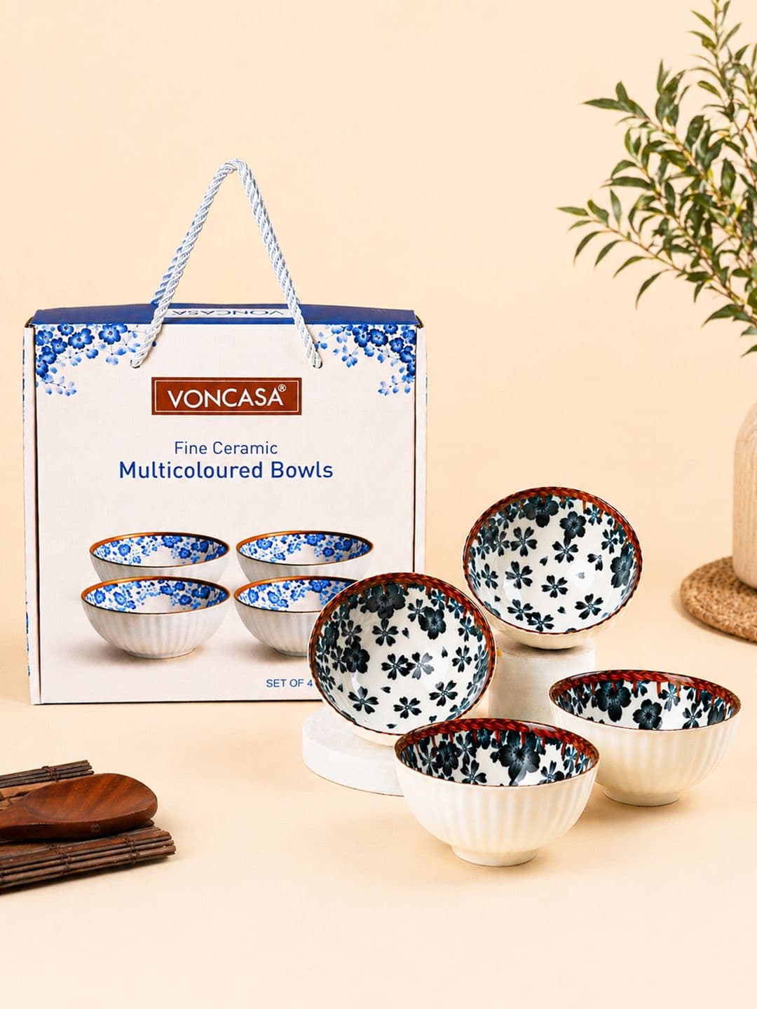 MARKET99 Multicoloured 4 Piece Floral Pattern Ceramic Bowl Set 300 ml Each