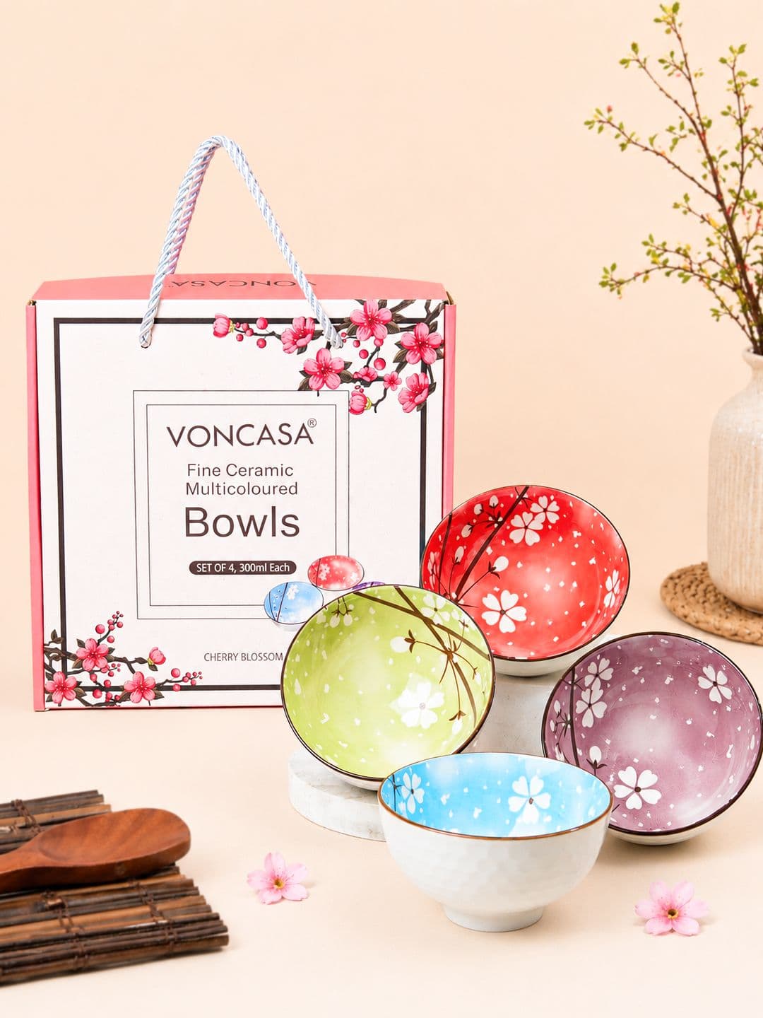 MARKET99 Multicoloured 4 Piece Floral Ceramic Bowl Set 300 ml Each