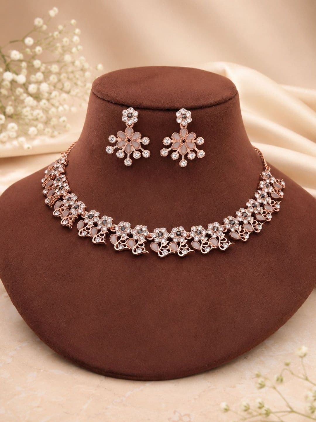 Anouk Rose Gold-Plated American Diamond Necklace and Earrings