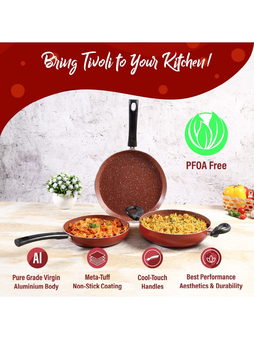 Wonderchef Tivoli 3 Pieces Red Cookware Set