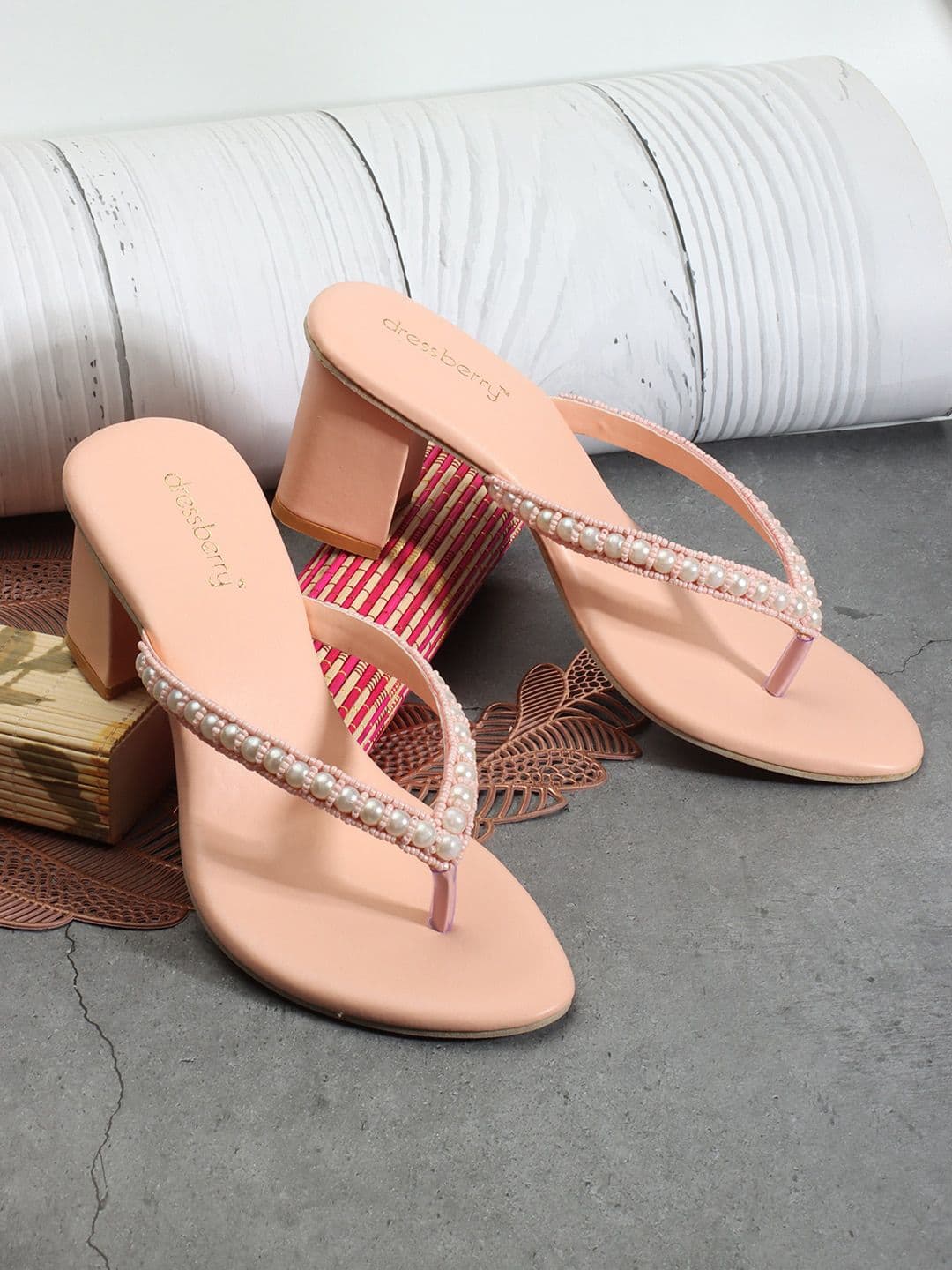 DressBerry Peach-Coloured Embellished Open Toe Block Heels