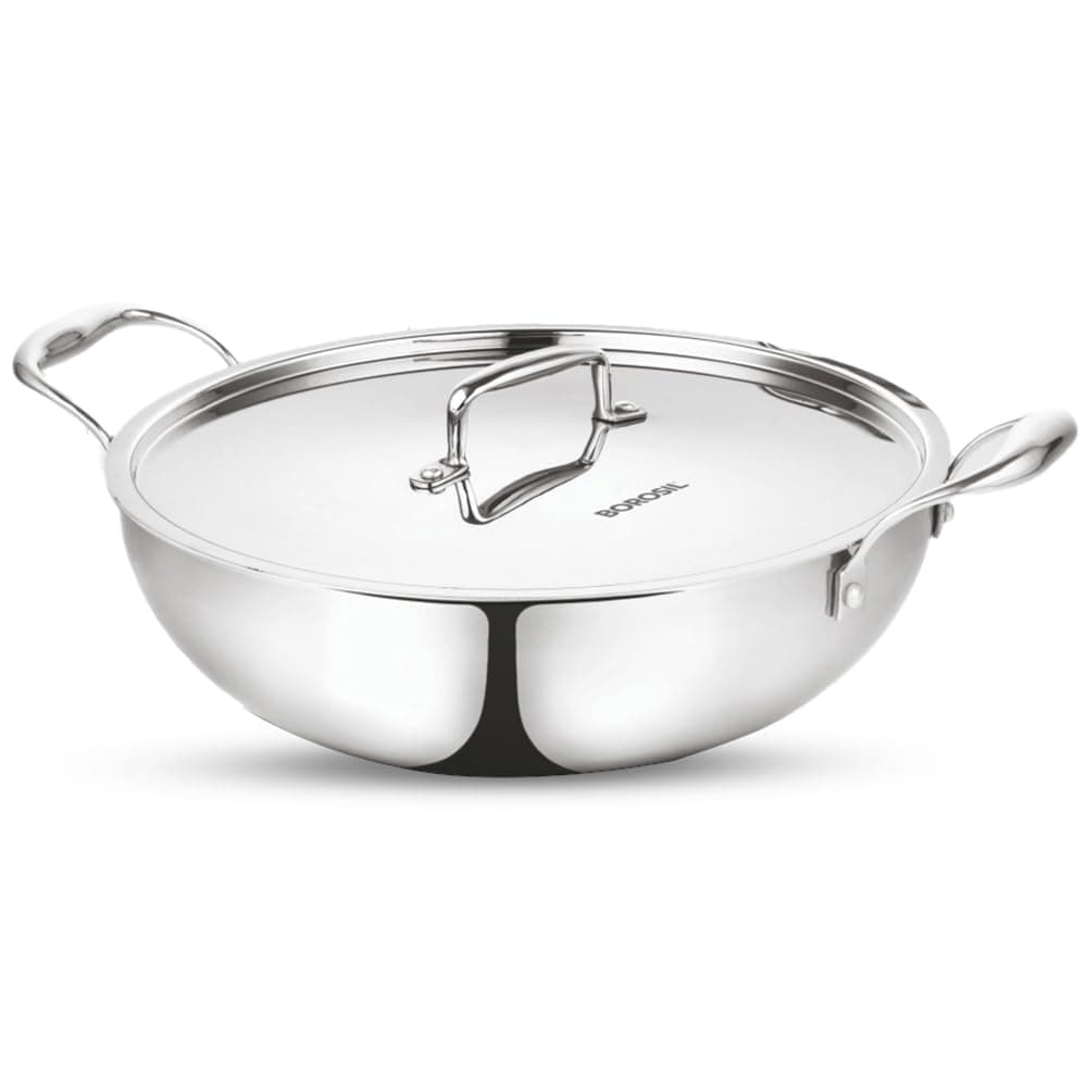 Borosil Cookfresh Tri-ply Stainless Steel Kadhai with Lid | Gas, Induction Compatible | Even Heat Distribution | SS304 Food Grade Steel Wok | Dishawasher Safe Kadai | 5 Year Warranty (2.7 L)