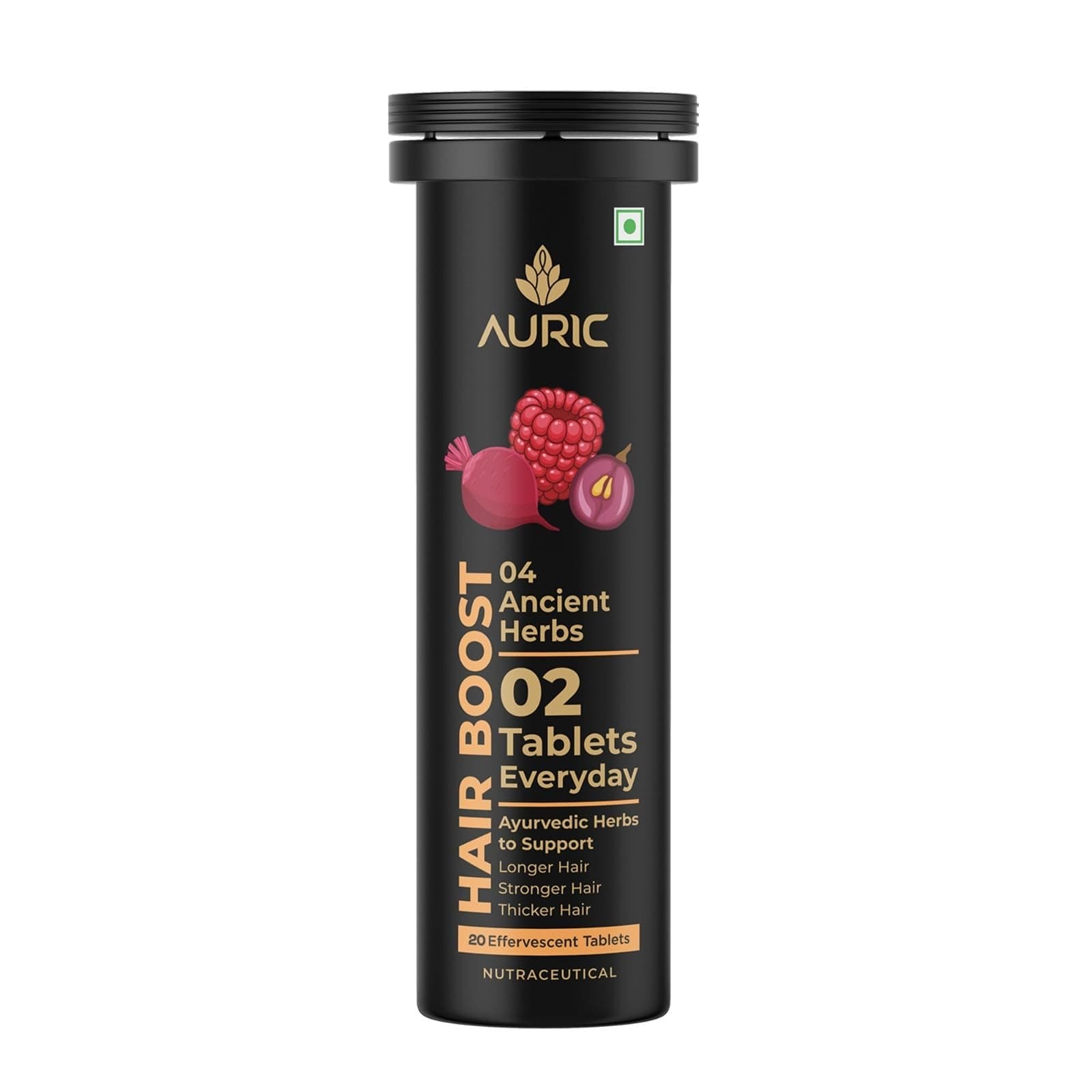 Auric Hair Boost Effervescent Tablets 20 Count | Ayurvedic Formula for Hair Fall Control | Biotin, Zinc, Beetroot & Grapeseed Extracts & Herbal Extracts | Hair Growth & Strength Support