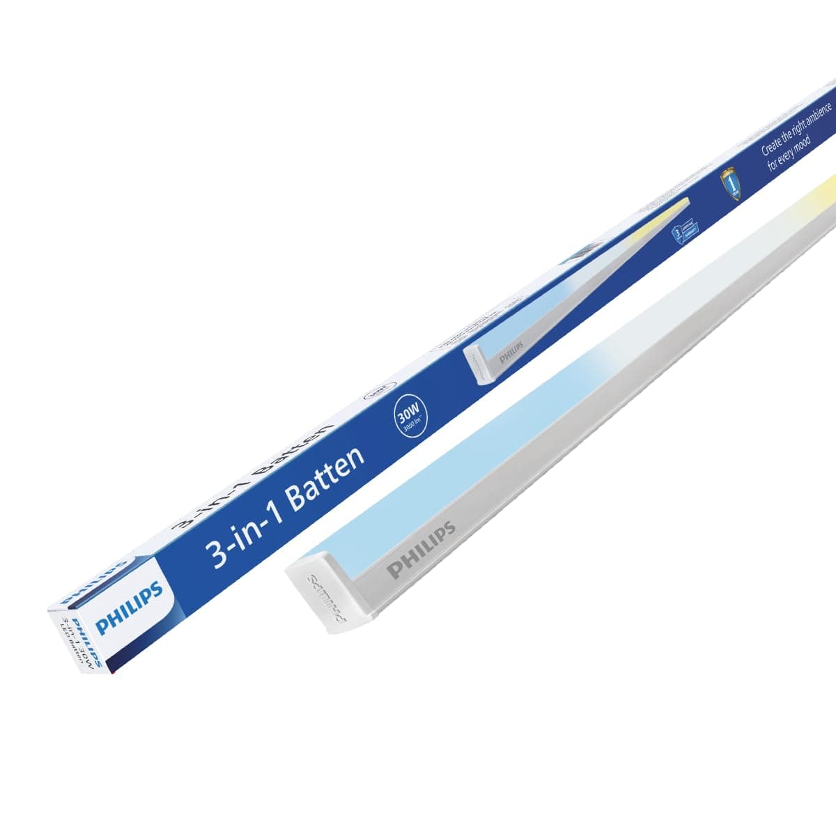 Philips 30W 3-in-1 Colour Changing LED Batten 3.6 Ft | CCT Mood Lighting (Cool White/Neutral White/Warm White) | Bright & Energy Efficient Tube Light for Bedroom, Hall & Office | Pack of 1
