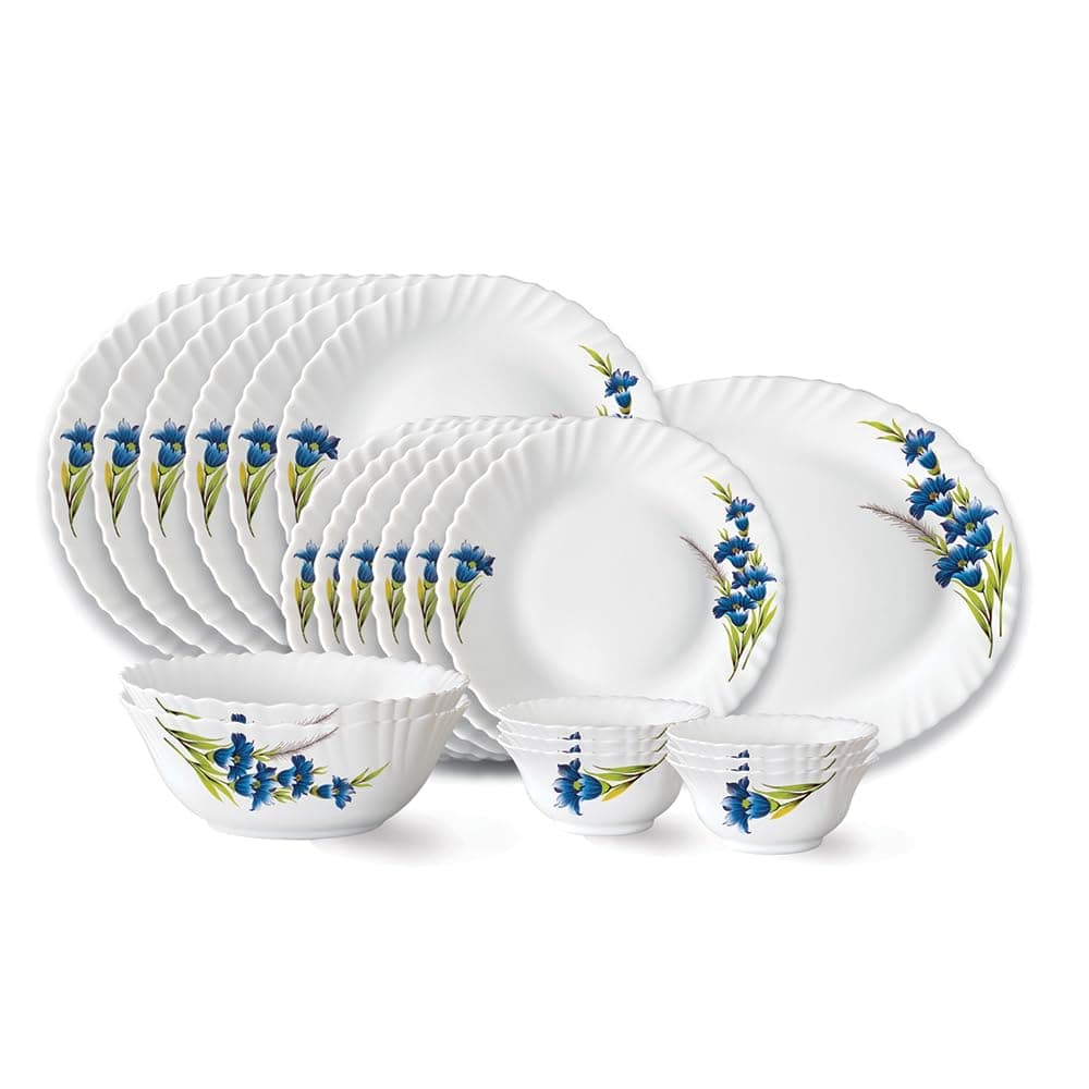 Larah by Borosil Nina Fluted Series Opalware Dinner Set | 21 Pieces for Family of 6 | Microwave & Dishwasher Safe | Bone-Ash Free | Crockery Set for Dining & Gifting | Plates & Bowls | White