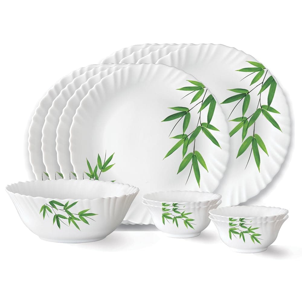 Larah by Borosil Bamboo Leaves Fluted Series Opalware Dinner Set | 13 Pieces for Family of 4 | Microwave & Dishwasher Safe | Bone-Ash Free | Crockery Set for Dining & Gifting | Plates & Bowls | White