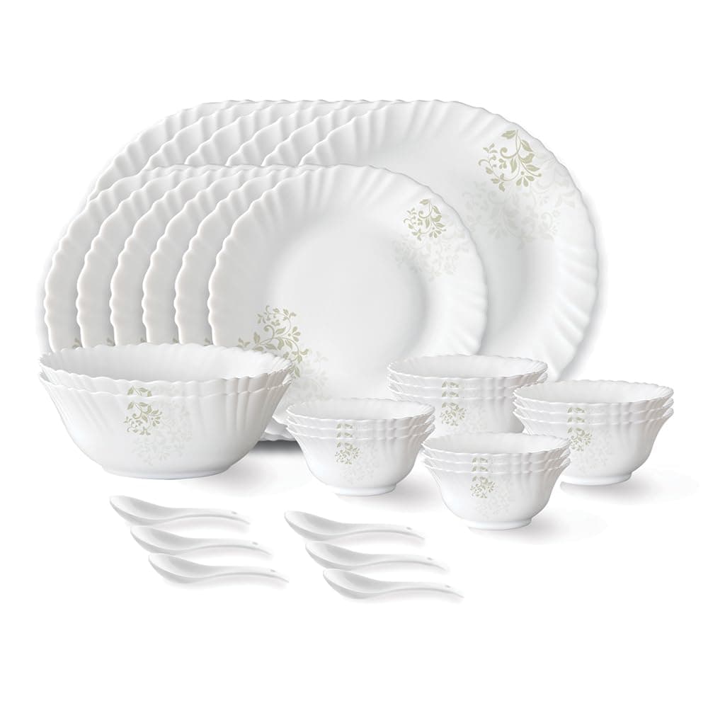 Larah by Borosil Ingot Fluted Series Opalware Dinner Set | 33 Pieces for Family of 6 | Microwave & Dishwasher Safe | Bone-Ash Free | Crockery Set for Dining & Gifting | Plates & Bowls | White