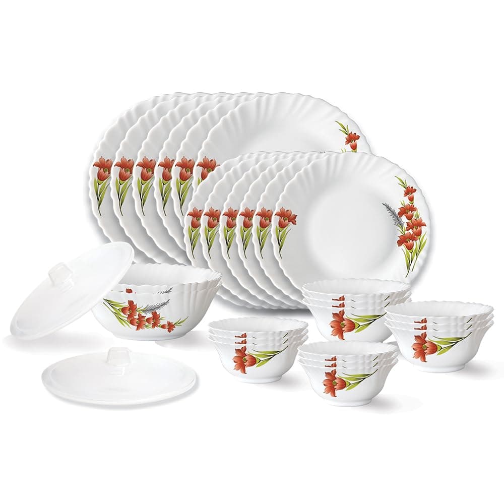 Larah by Borosil Red Iris Fluted Series Opalware Dinner Set | 28 Pieces for Family of 6 | Microwave & Dishwasher Safe | Bone-Ash Free | Crockery Set for Dining & Gifting | Plates & Bowls | White