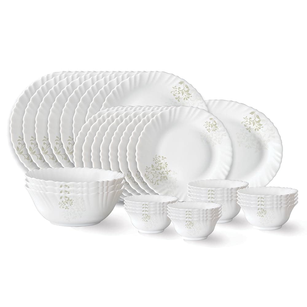 Larah by Borosil Ingot Fluted Series Opalware Dinner Set | 36 Pieces for Family of 8 | Microwave & Dishwasher Safe | Bone-Ash Free | Crockery Set for Dining & Gifting | Plates & Bowls | White