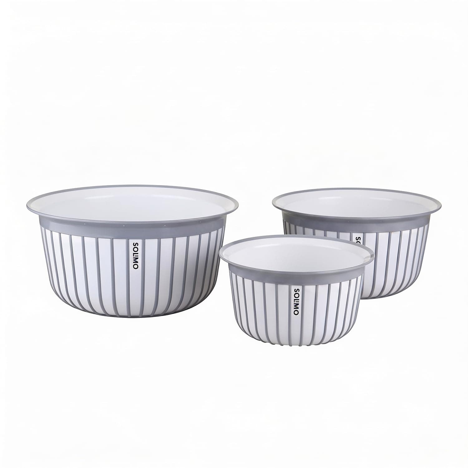 Amazon Brand - Solimo Plastic Linea Containers without Lid Food Grade Set of 3(1.3L,2.3L and 3.8L) |BPA-Free Multipurpose Kitchen Bowls for Mixing and Serving, Grey