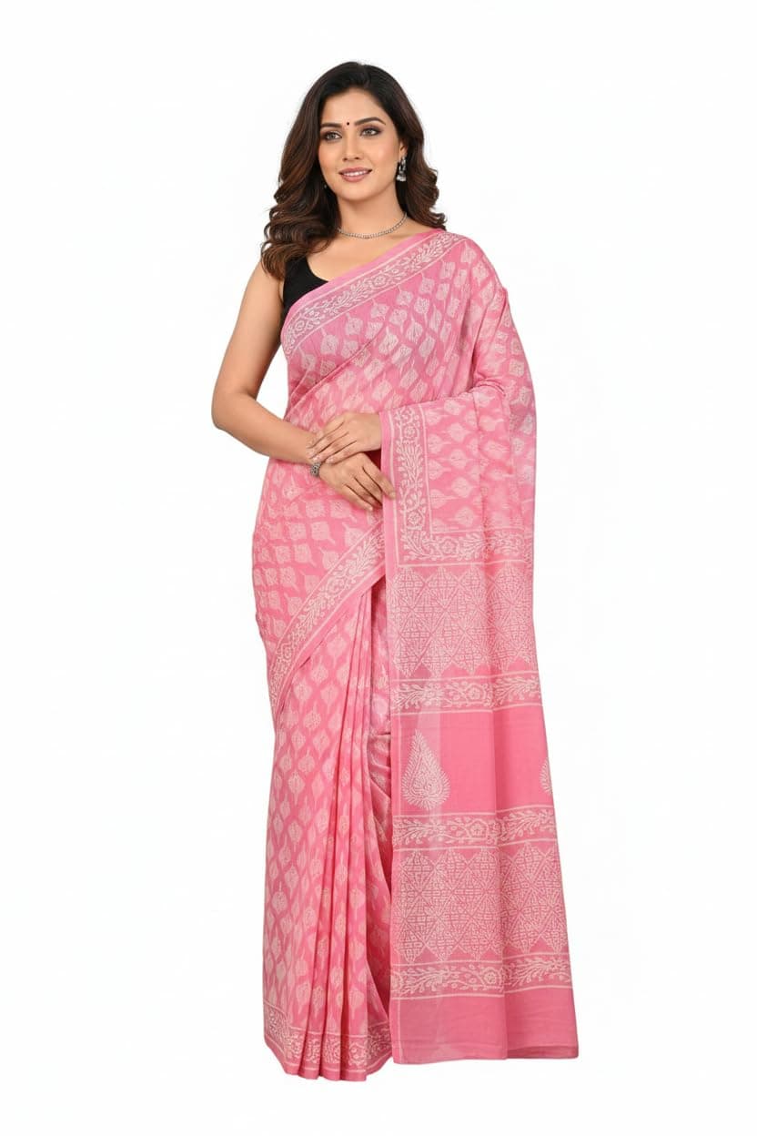 E - Ezra Handmade Mulmul Cotton Printed Saree For Women Handloom Saree (Baby Pink)