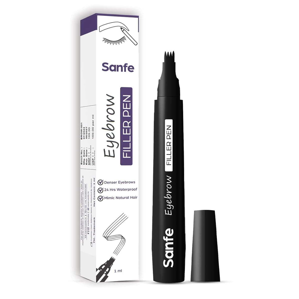 Sanfe Eyebrow Filler Pen | Waterproof Microblading Brow Pen | 4 Fork Tip Eyebrow Pencil for Natural Hair-Like Strokes | Long Lasting Smudge Proof Brow Makeup | 1 ml | Pack of 1