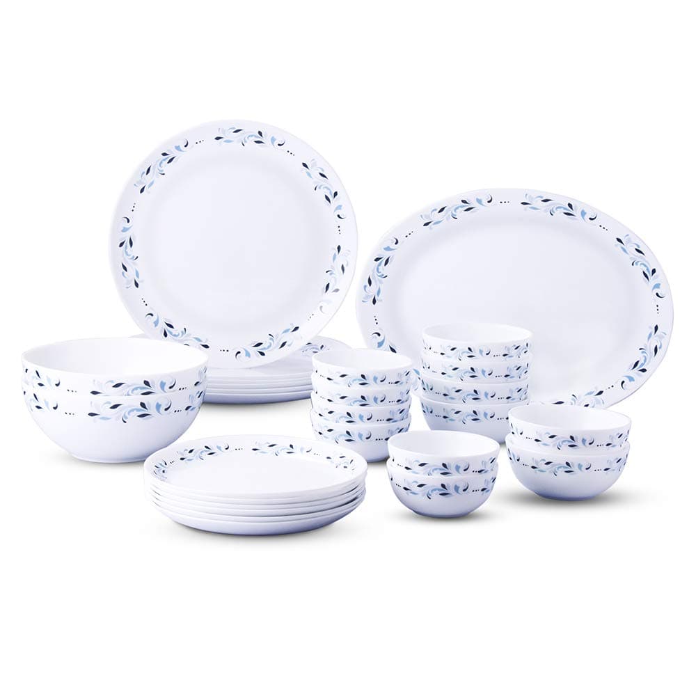 Larah by Borosil - Moon Series, Skyleaf 27 Pieces Opalware Dinner Set, White