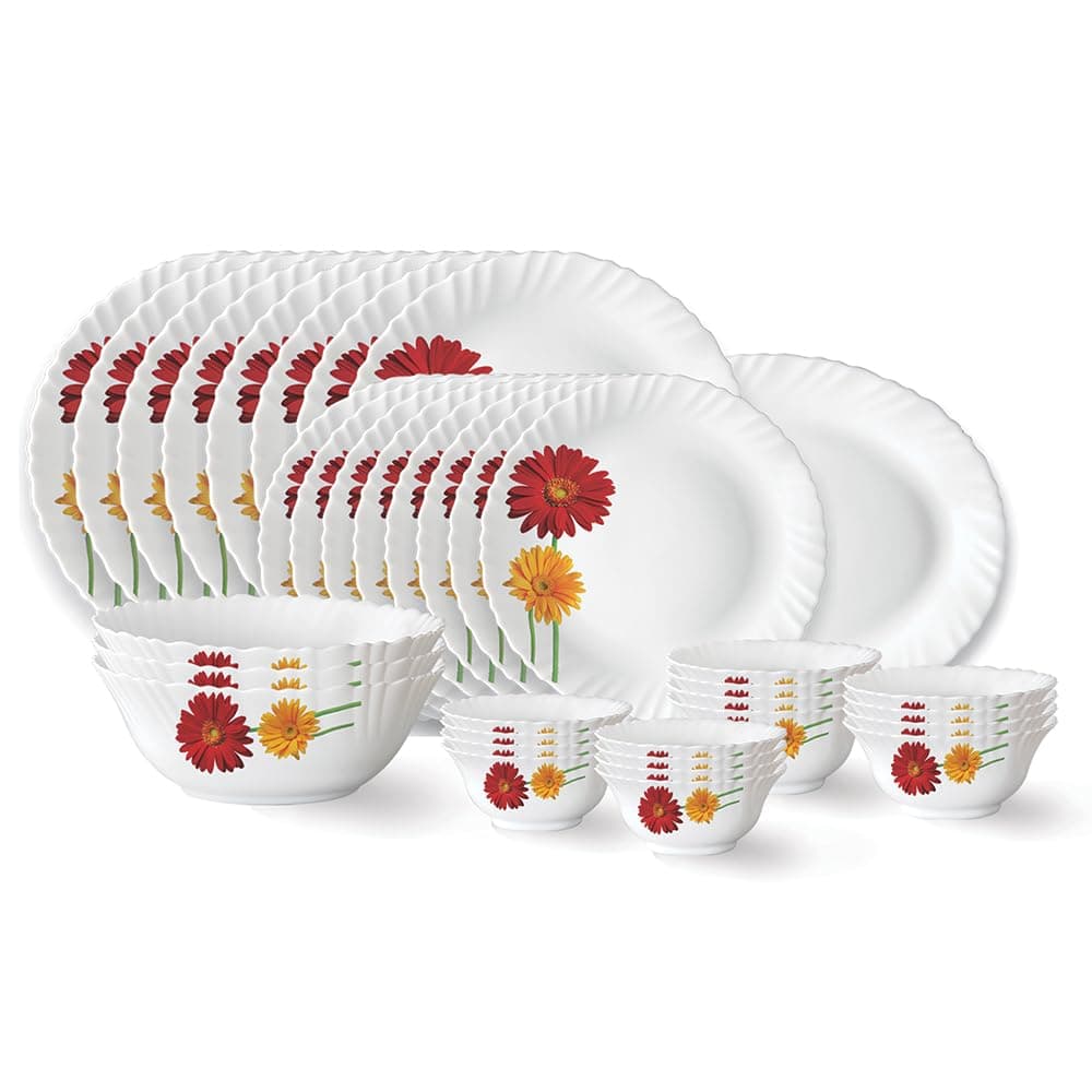 Larah by Borosil Zinnia Fluted Series Opalware Dinner Set | 36 Pieces for Family of 8 | Microwave & Dishwasher Safe | Bone-Ash Free | Crockery Set for Dining & Gifting | Plates & Bowls | White
