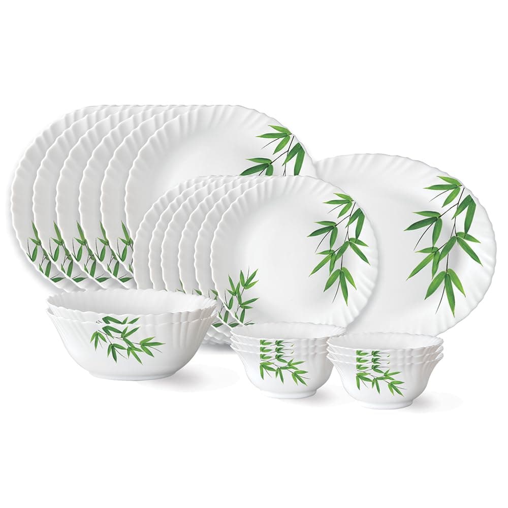 Larah by Borosil Bamboo Leaves Fluted Series Opalware Dinner Set Of 6 Full Plate, 6 Quarter Plates, 6 Veg Bowls, 2 Serving Bowl and 1 Oval Rice Plate | Bone-Ash Free Crockery (White, 21 Pieces)