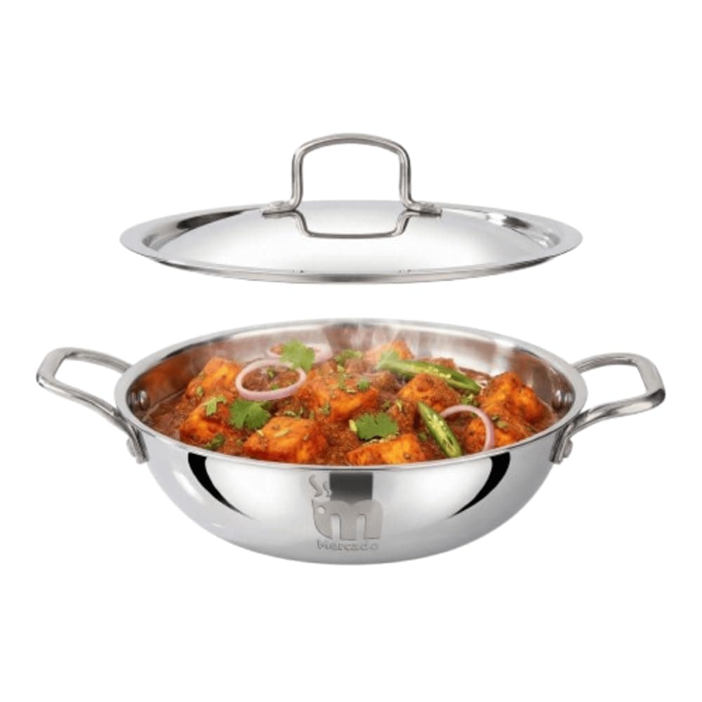 Mercado Triply Stainless Steel Kadhai 24 cm (2.7L) with Lid | SS304 Food Grade | Even Heating | Ideal for Daily Cooking & Frying | Induction & Gas Compatible | 5 Years Warranty