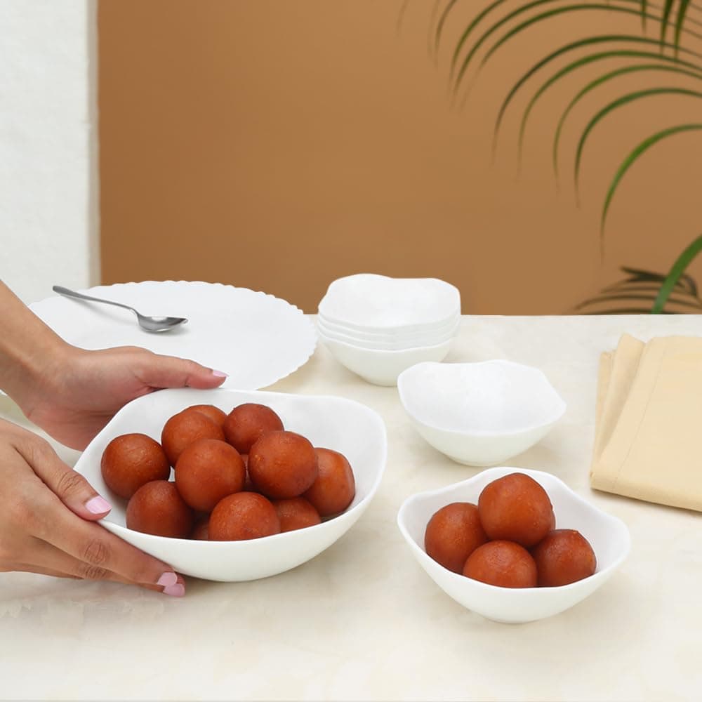 Larah by Borosil White Square Series Opalware 7 Pcs Pudding Set | Microwave & Dishwasher Safe Bowl Set | Bone-Ash Free | Crockery Set for Dining & Gifting