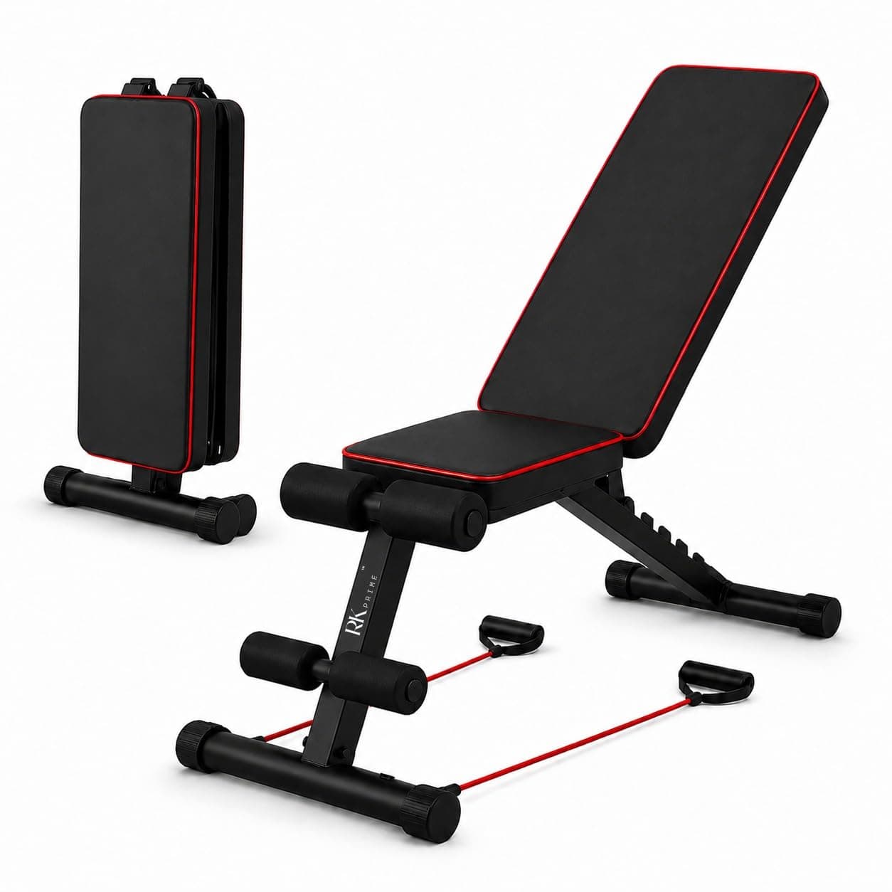 RK Prime™ Adjustable Gym Bench for Home Workout | 310 Kg Capacity | 7-Level Incline Decline Flat | Foldable Bench Press with Resistance Bands | Sweat-Resistant Cushion | Heavy Duty Steel Frame