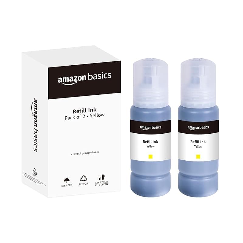 amazon basics 003 Refill Ink Bottle (Dual Pack) | Compatible with Epson L3110/L3150/L3250/L3252/L3115/L3116/L3101/L3210/L3215/L3216/L3151/L3152/L3156/L5190 | Leak-Proof (70ml, Yellow)