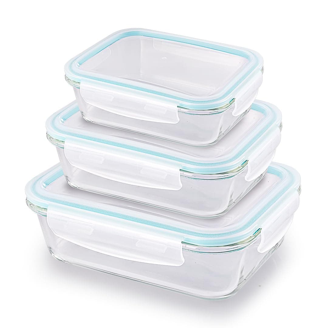 ATTRO Glassox Classic Rectangle Lunch Box with Locking Lid Borosilicate Glass Lunch Box Fridge Organizer Microwave & Freezer Safe Set of 3 370 ML, 630 ML, 1040 ML,Transparent