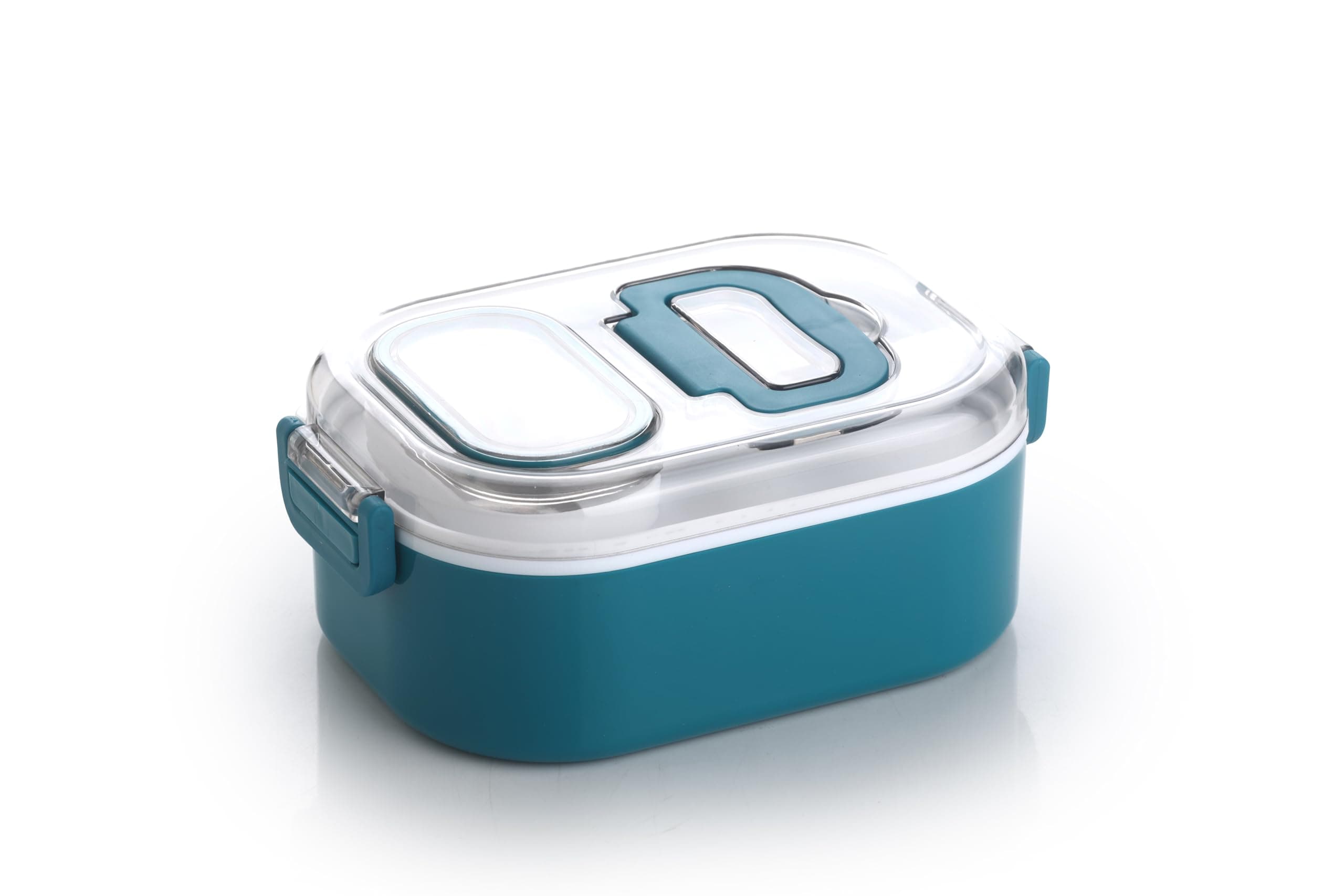 Attro Happy Meal Lunch Box Comes with 1 Small Container, Stylish Anti Spill Lid & 1 Baby Spoon Outer Plastic & Inner Stainless Steel BPA Free, Food Grade - 700ml Peacock Green