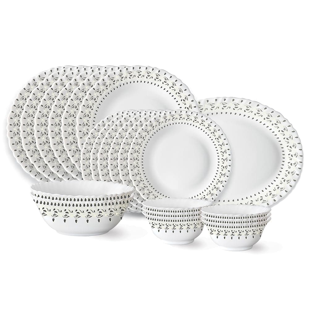 Larah by Borosil Ora Gold Fluted Series Opalware Dinner Set | 21 Pieces for Family of 6 | Microwave & Dishwasher Safe | Bone-Ash Free | Crockery Set for Dining & Gifting | Plates & Bowls | White