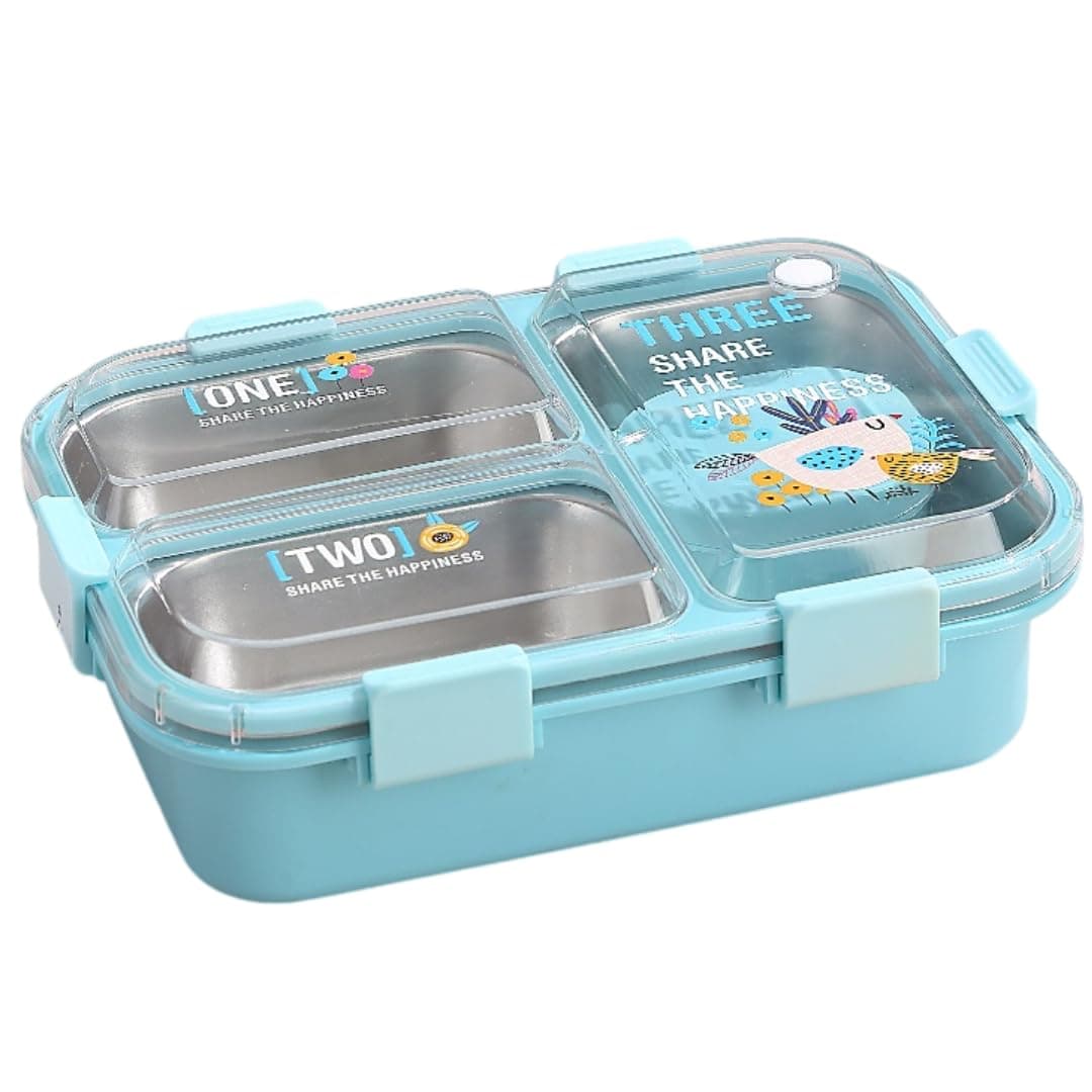 ATTRO Alpha 3 Kids Lunch Box with 3 Compartment Inner Steel, 1 Small Container, Spoon & Chopstick Air-Tight Leakproof Heat Water Insulation Design- 750ml+70ml Blue