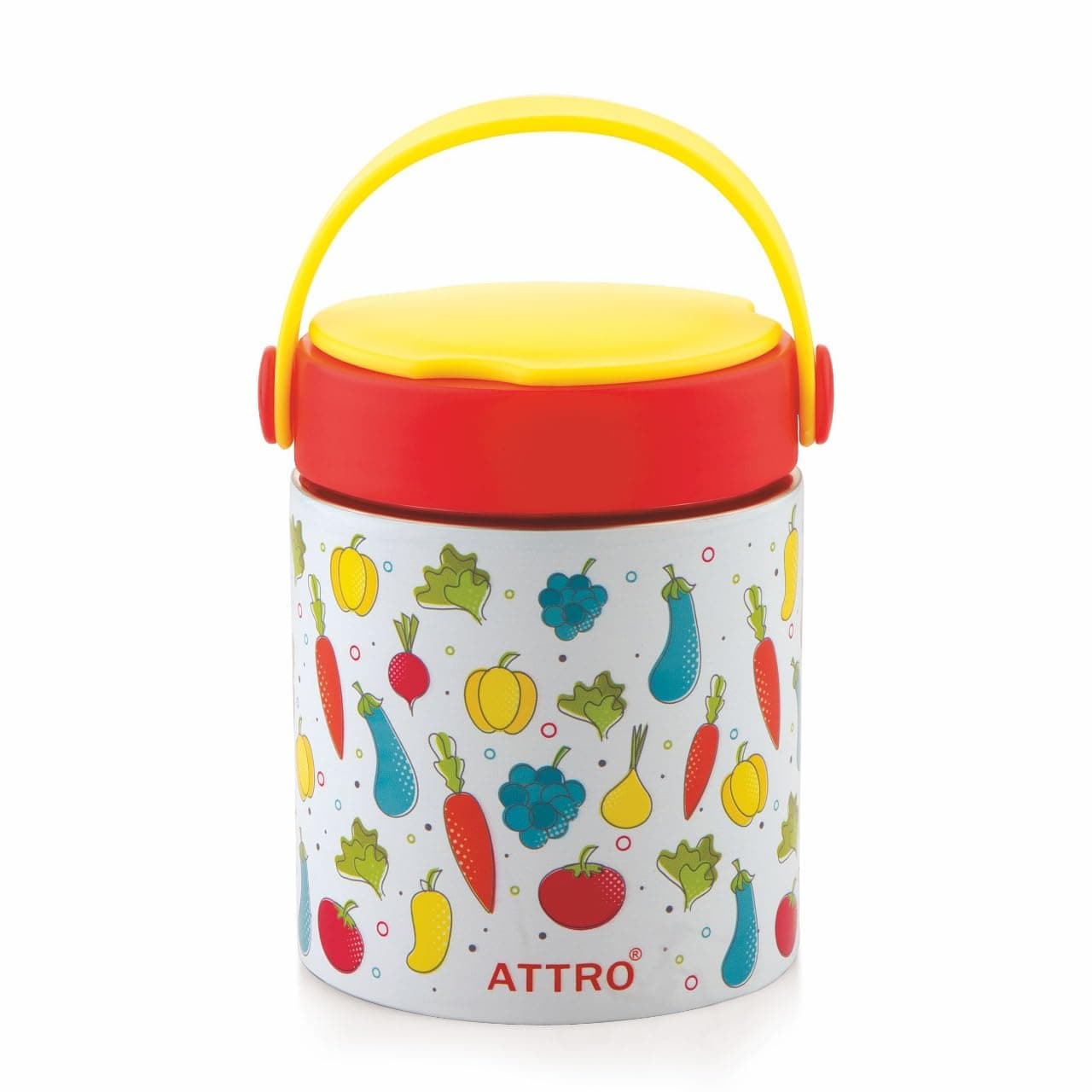ATTRO Happy Go Vacuum Insulated ISI Certified Stainless Steel Soup Jar 500ml, Leakproof, Long Temperature Retention for Kids & Adults,Ideal for School,Office,Picnic & Travel – Fruity Veggie Fun Yellow