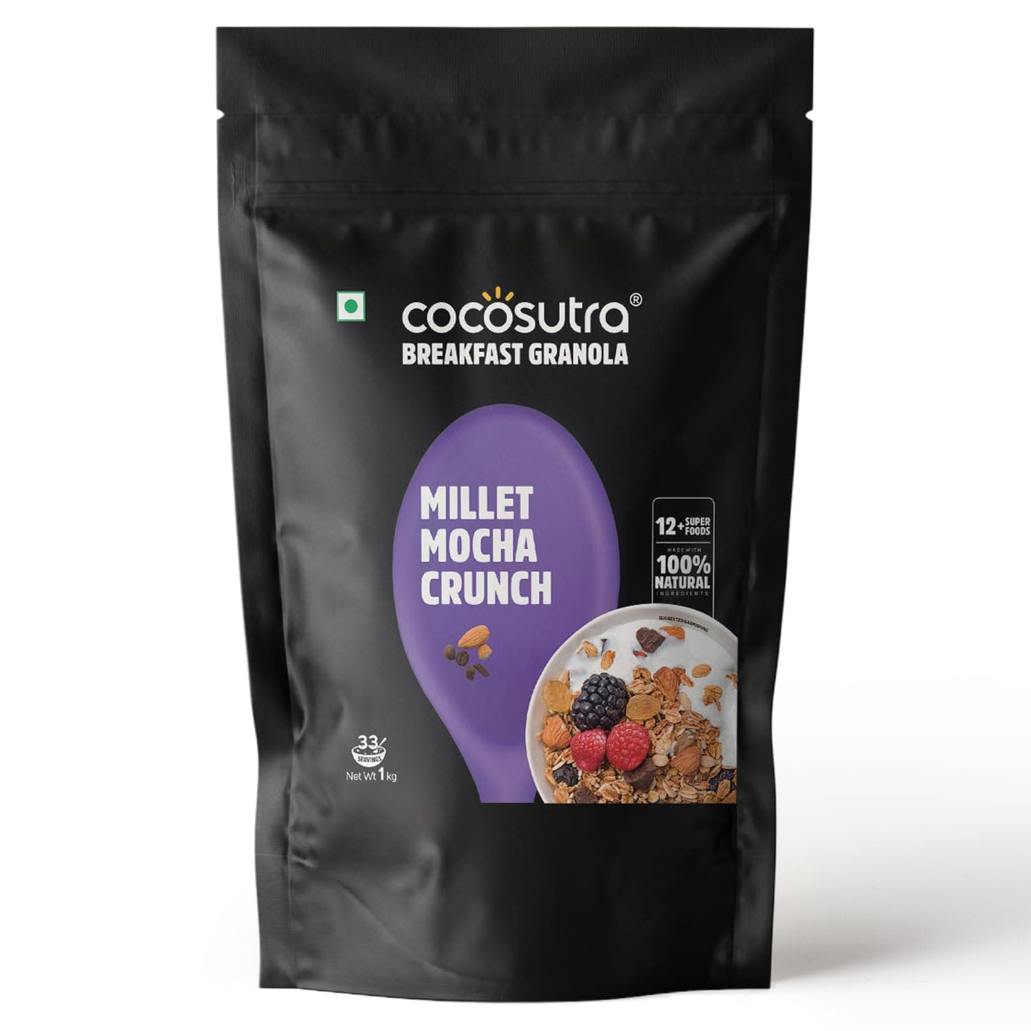 COCOSUTRA Millet Mocha Crunch Breakfast Granola 1 kg | 100% Natural, Vegan & Gluten Free | High Protein Cereal with Oats, Nuts, Seeds and Dry Fruits | Lightly sweetened with Jaggery