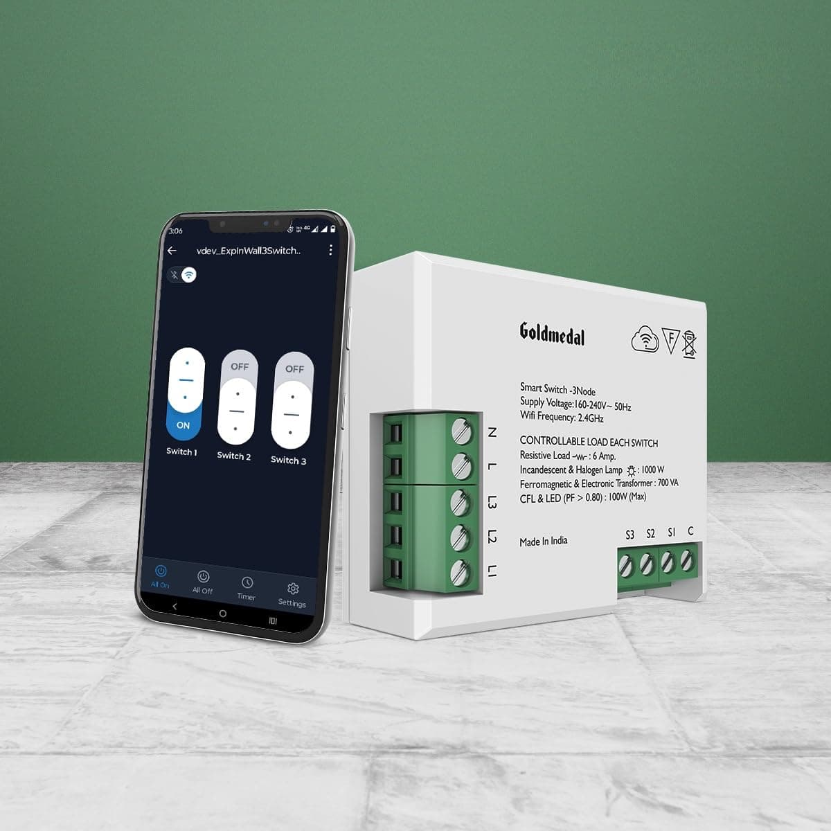 Goldmedal WiFi 3 Node Smart Switch |Compatible with Alexa,Google Assistant|No Hub Required |Home Automation|(White)