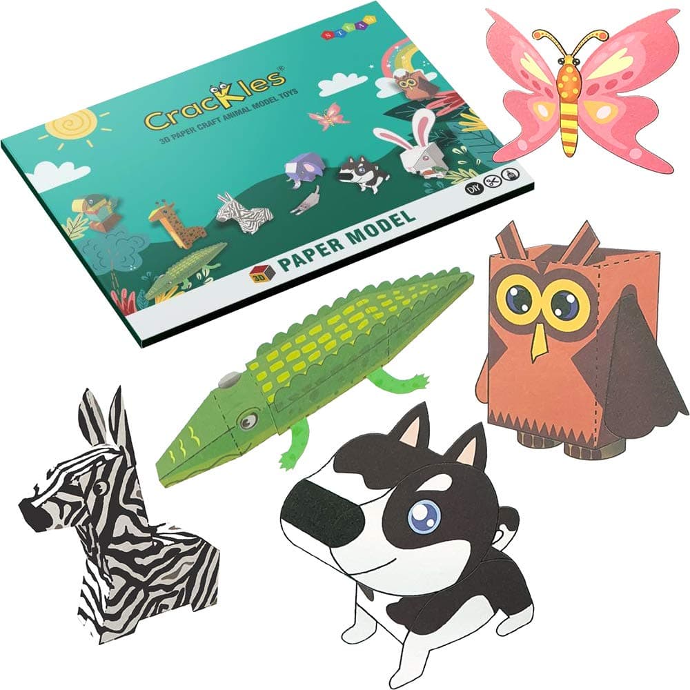 Crackles DIY Skils Fold and Paste Paper Craft 3D Paper Animal Toy Figures with Children - Pack of 5 Animals Craft