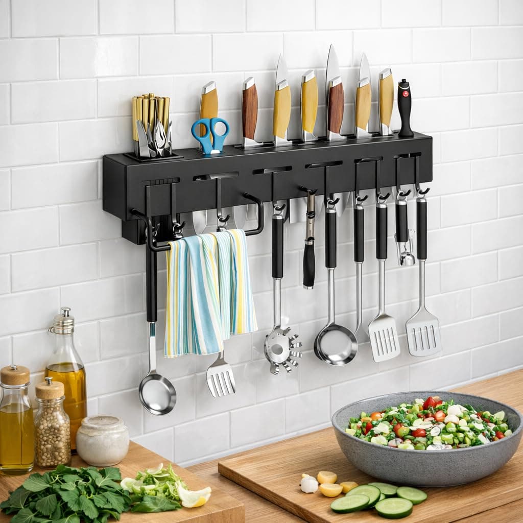 ORBICA Wall Mounted Kitchen Organizer Rack with Magnetic Knife Holder, 8 Adjustable Hooks & Towel Bar, Space Saving Wall Storage for Knives & Utensils, ABS Rust-Resistant Black