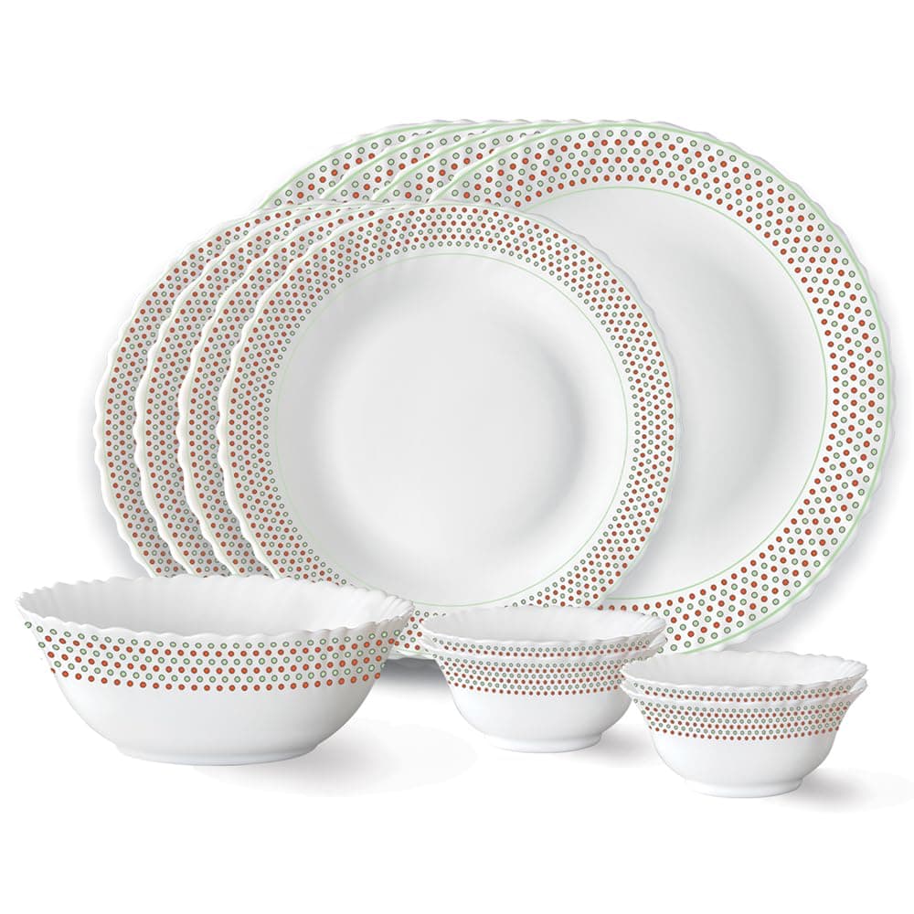 Larah by Borosil Waltz Fluted Series Opalware Dinner Set | 13 Pieces for Family of 4 | Microwave & Dishwasher Safe | Bone-Ash Free | Crockery Set for Dining & Gifting | Plates & Bowls | White