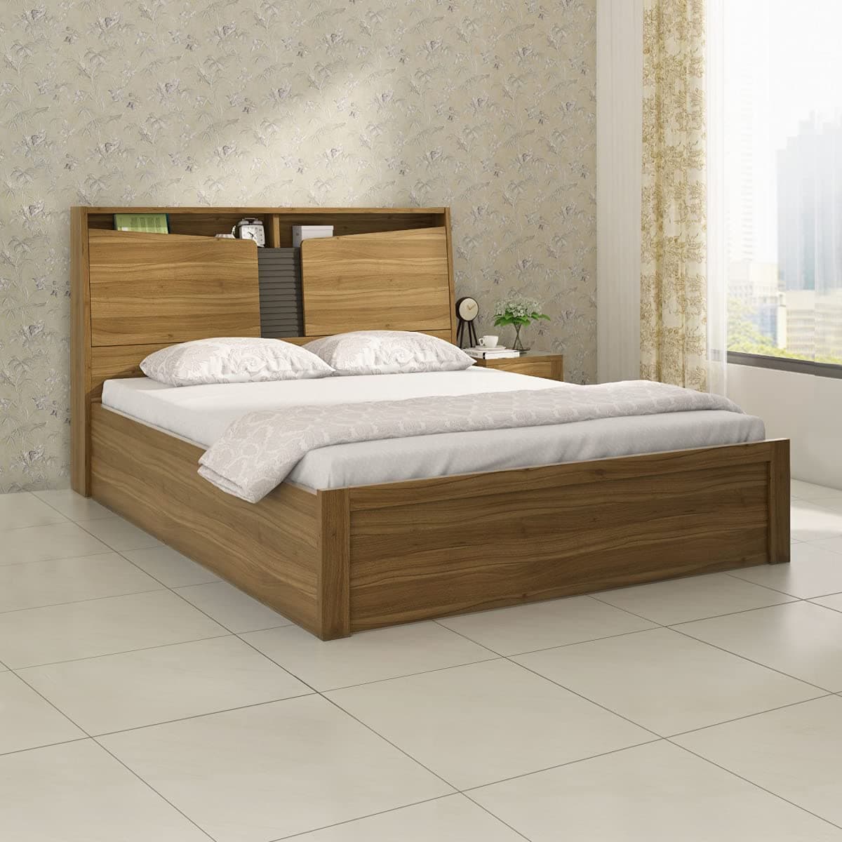 Home Centre Quadro Flex Queen Size Bed with Hydraulic Storage (Engineered Wood,Brown)