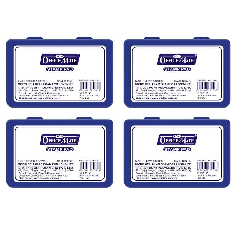 Soni Officemate Stamp Pad – Blue | 88mm x 54mm | Quick-Dry, Smudge-Free Ink | Crisp Impressions | Refillable & Durable | For Office, School, Craft & DIY | Pack of 4