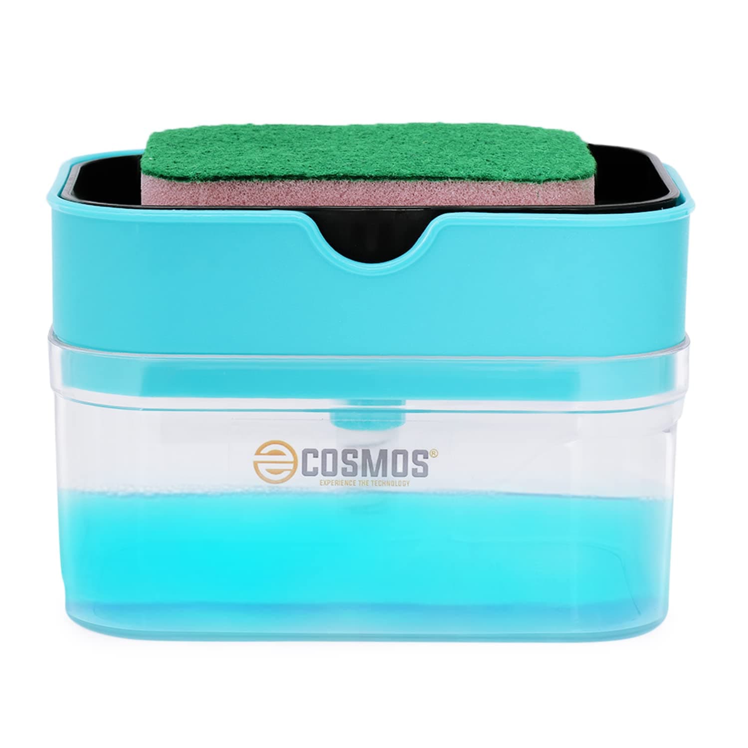 E-COSMOS® Smarty Soap Dispenser and Dishwasher Liquid Holder, Liquid Dispenser Through Pump (Black, 350 ML) with Free Sponge Made in India, Medium (Sky Blue)