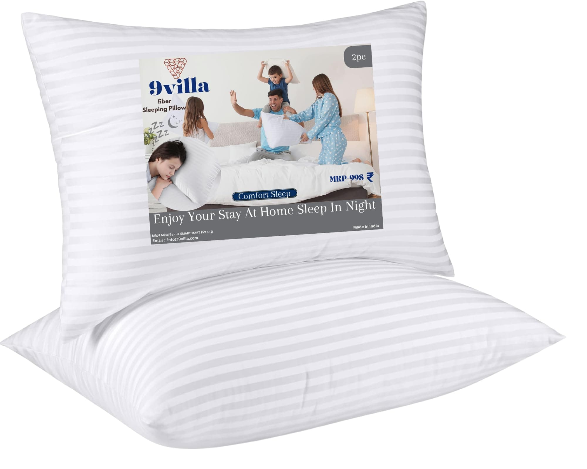 9villa Hollow Fiber Sleeping Pillow 41X61 CM (16X24 inch) Satin Strpe White Fabric Microfiber Pillow Pack/Set of 2