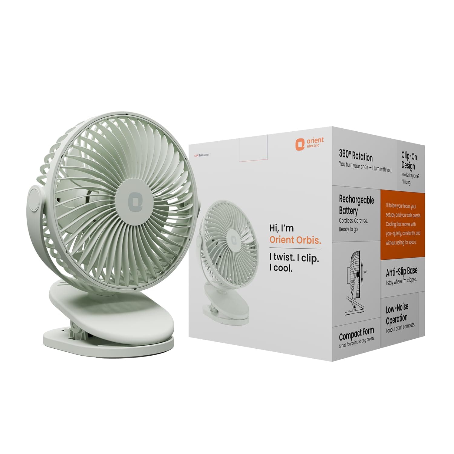 Orient Electric Orbis Rechargeable Personal Fan | 360° Rotation | 1800 mAh Battery | 4 Speed Modes with Timer | Quiet Operation | USB Type-C Charging | Clip-On Mini Fan | Matcha Green