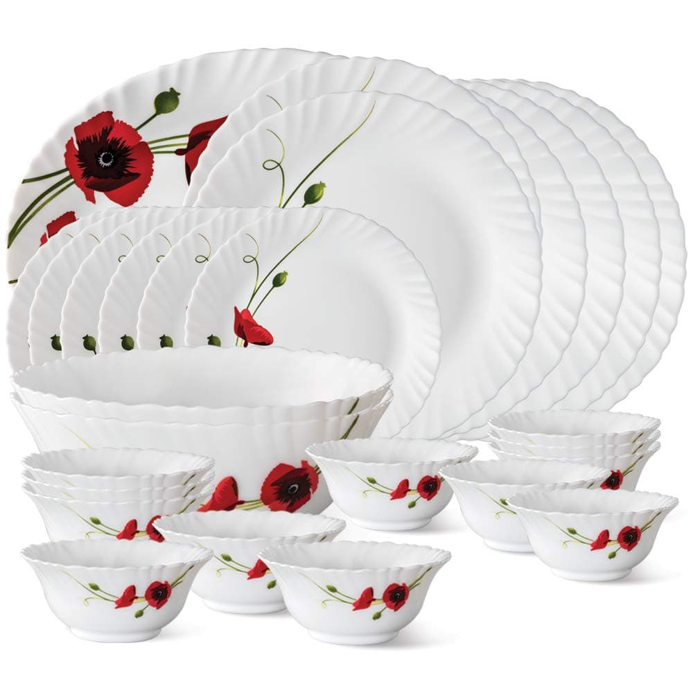 Larah by BOROSIL Fluted Series Red Carnation Opalware Dinner Set | 27 Piece for Family of 6 | Microwave & Dishwasher Safe | Bone-Ash Free | Crockery Set for Dining & Gifting | Plates & Bowls | White