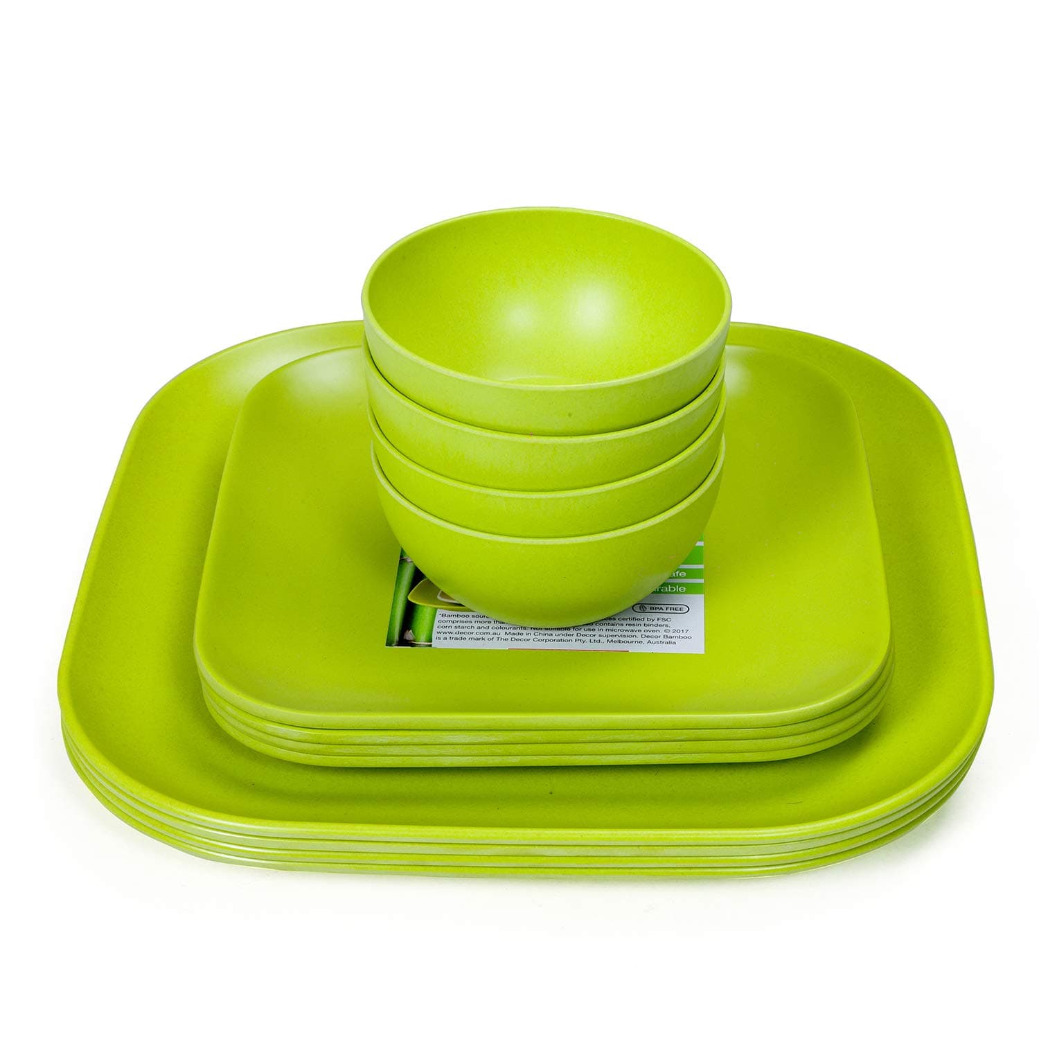 Décor EcoLite Bamboo Dinner Set | Non Toxic Reusable Dinner Set | 12 Piece Eco-Friendly Dinnerware Gift Set - 4 Small Plates, 4 Large Plates & 4 Bowls (Katoris), Green