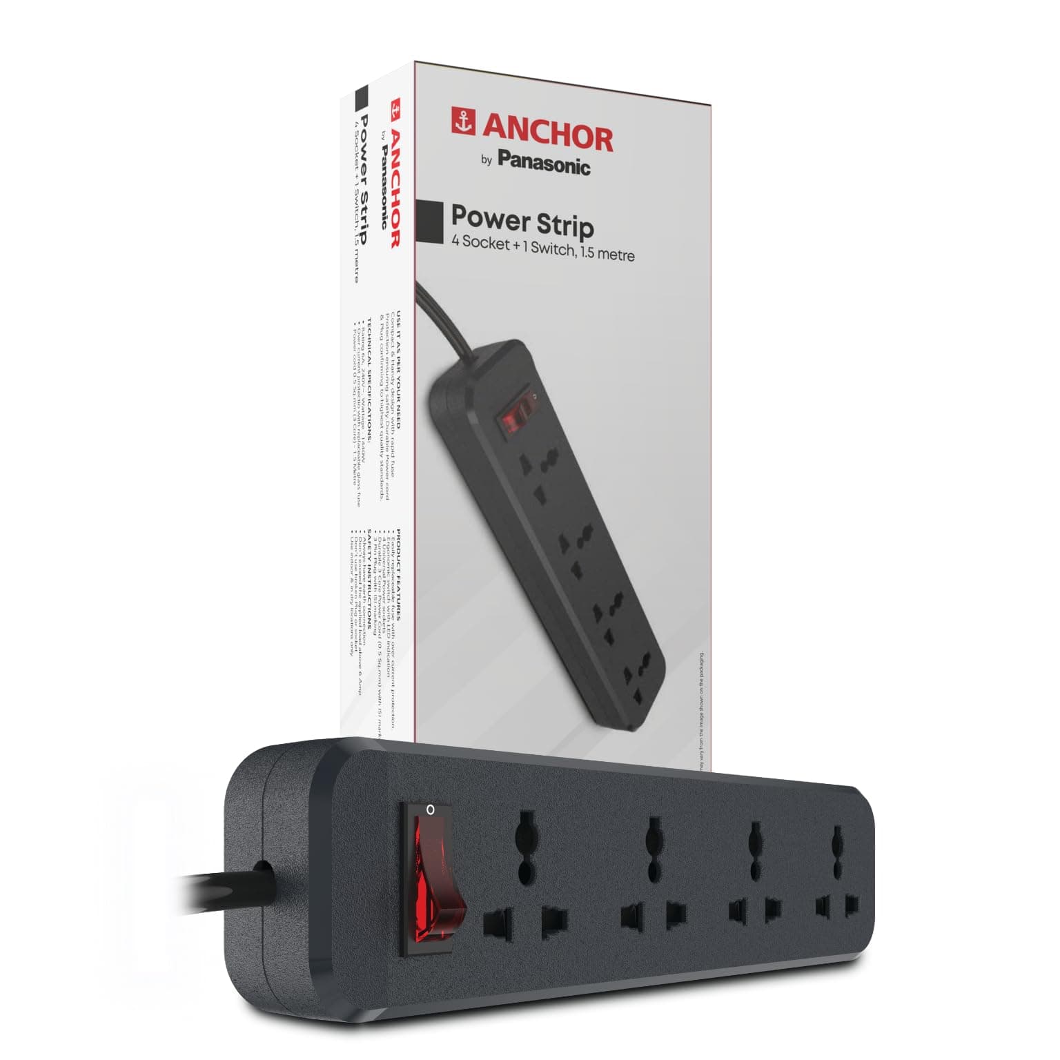 ANCHOR By Panasonic 6 Amp Power Strip with 4 Universal Sockets with Master Switch, 4 Way Extension Board with 1.5 Mtr Long Wire (22078), Black