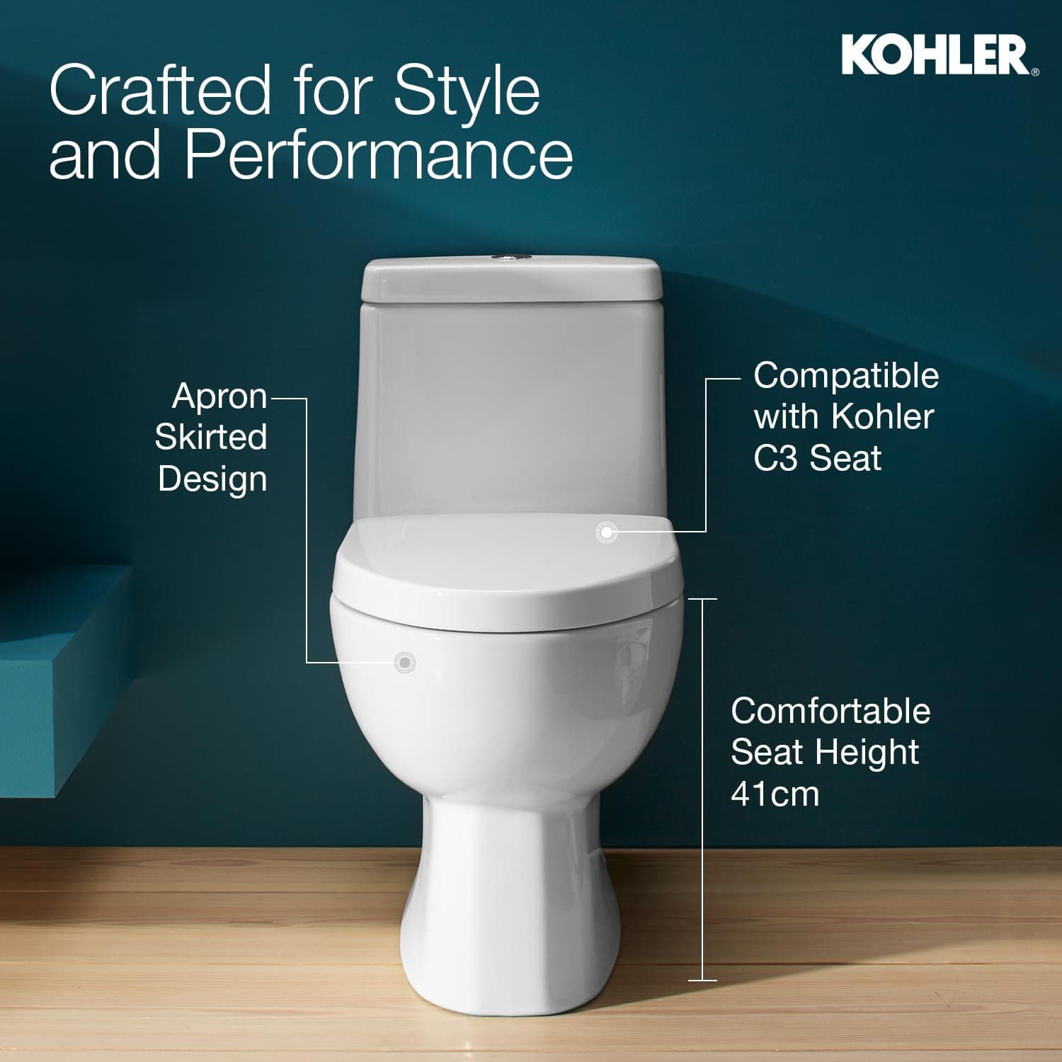 Kohler Reach One-Piece Floor Mounted Toilet | Ceramic Western Bathroom Commode with Anti-Bacterial Protection | Class 5 Flush Technology & Quiet-Close Lid | Fully Glazed, White, 540mm x 371mm