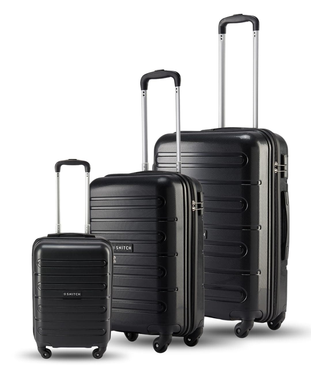 SNITCH Loop 3Pc Set Black Polypropylene Hard Travel Suitcase - Suitcase for Travel Set of 3 & Luggage with 4 Wheels, Secure Lock & Free Shoe Bag